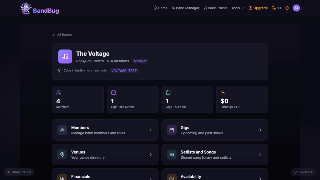 Band dashboard showing members, gigs, and quick stats