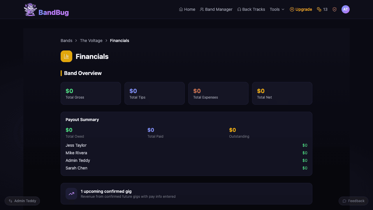 Financial dashboard with earnings and member payouts