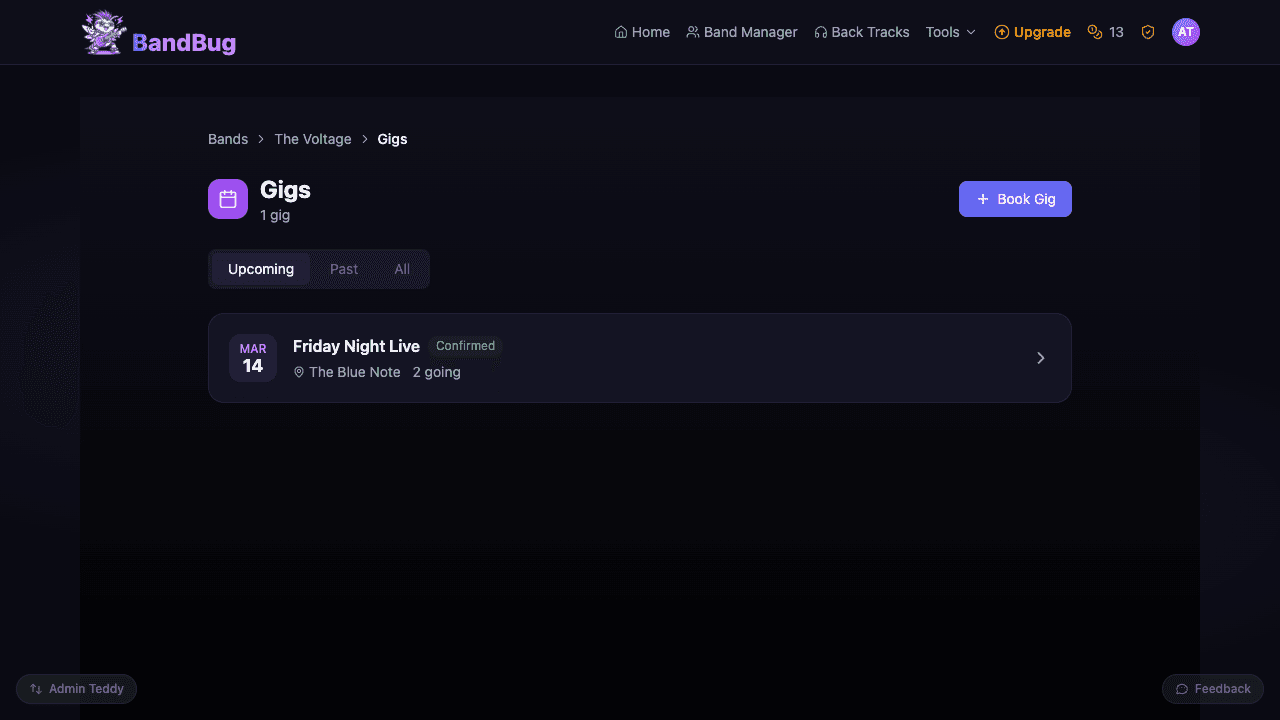 Gig list with upcoming shows and RSVP status