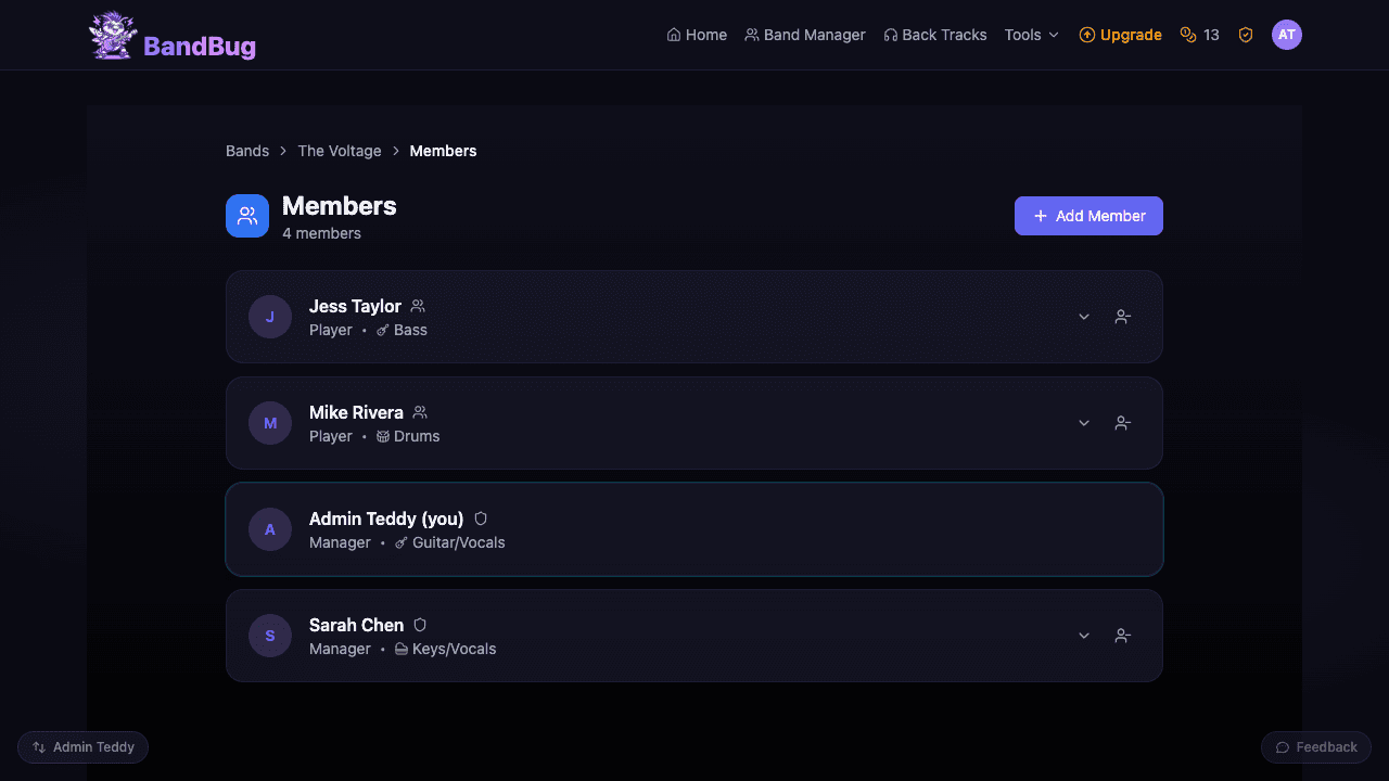 Band members list with roles and instruments