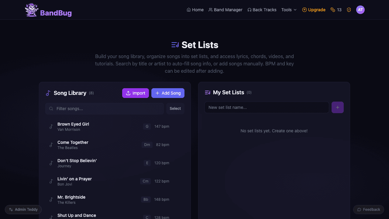 Song library and set list builder