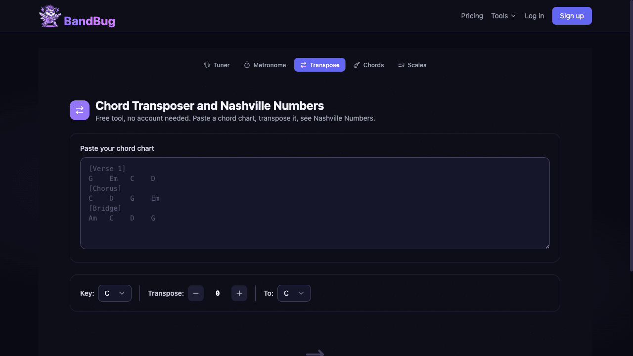 Chord chart transposer with Nashville numbers